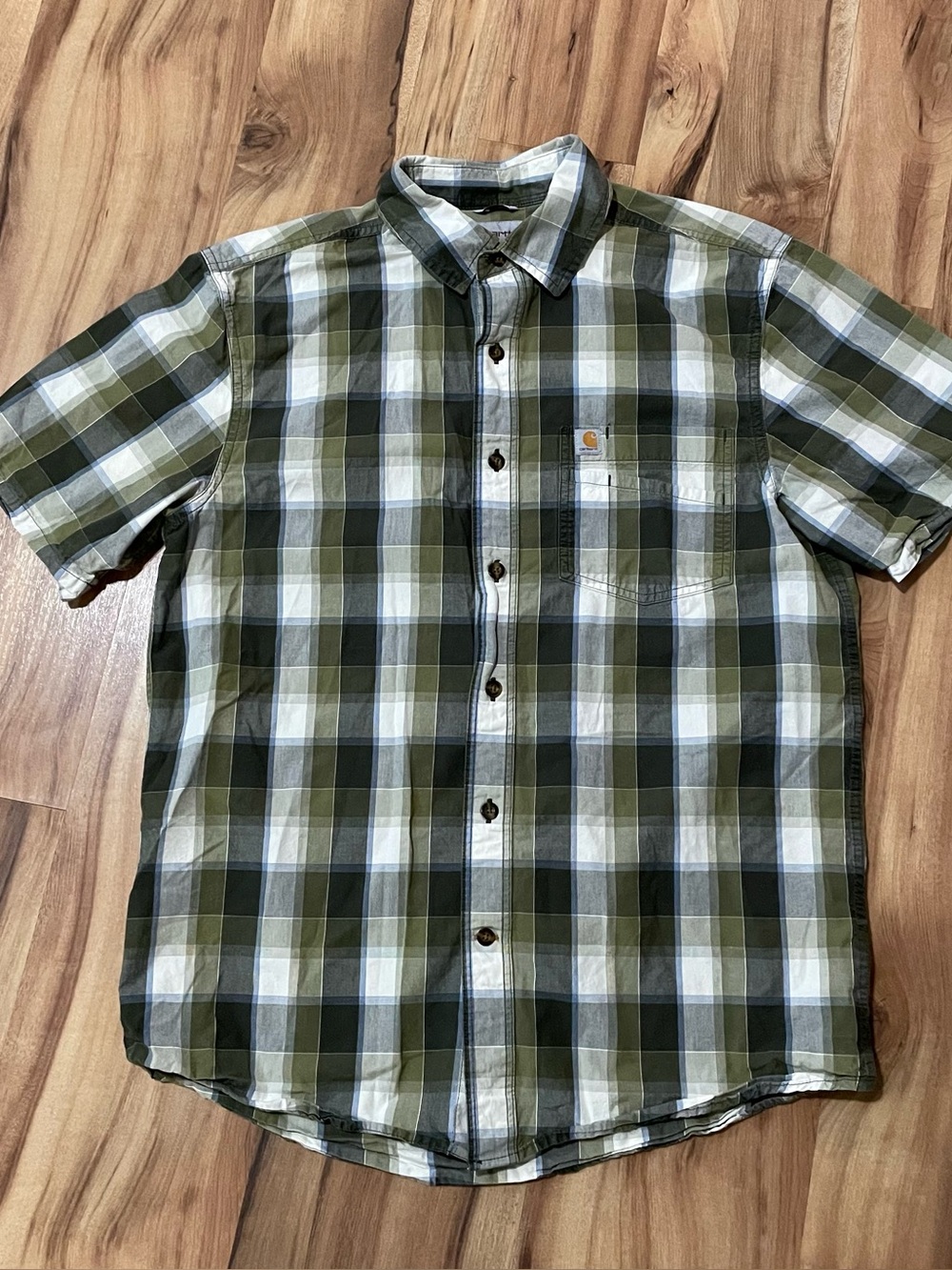Carhartt Mens Short Sleeve Button Down Plaid Shirt Olive Green Workwear Sz M